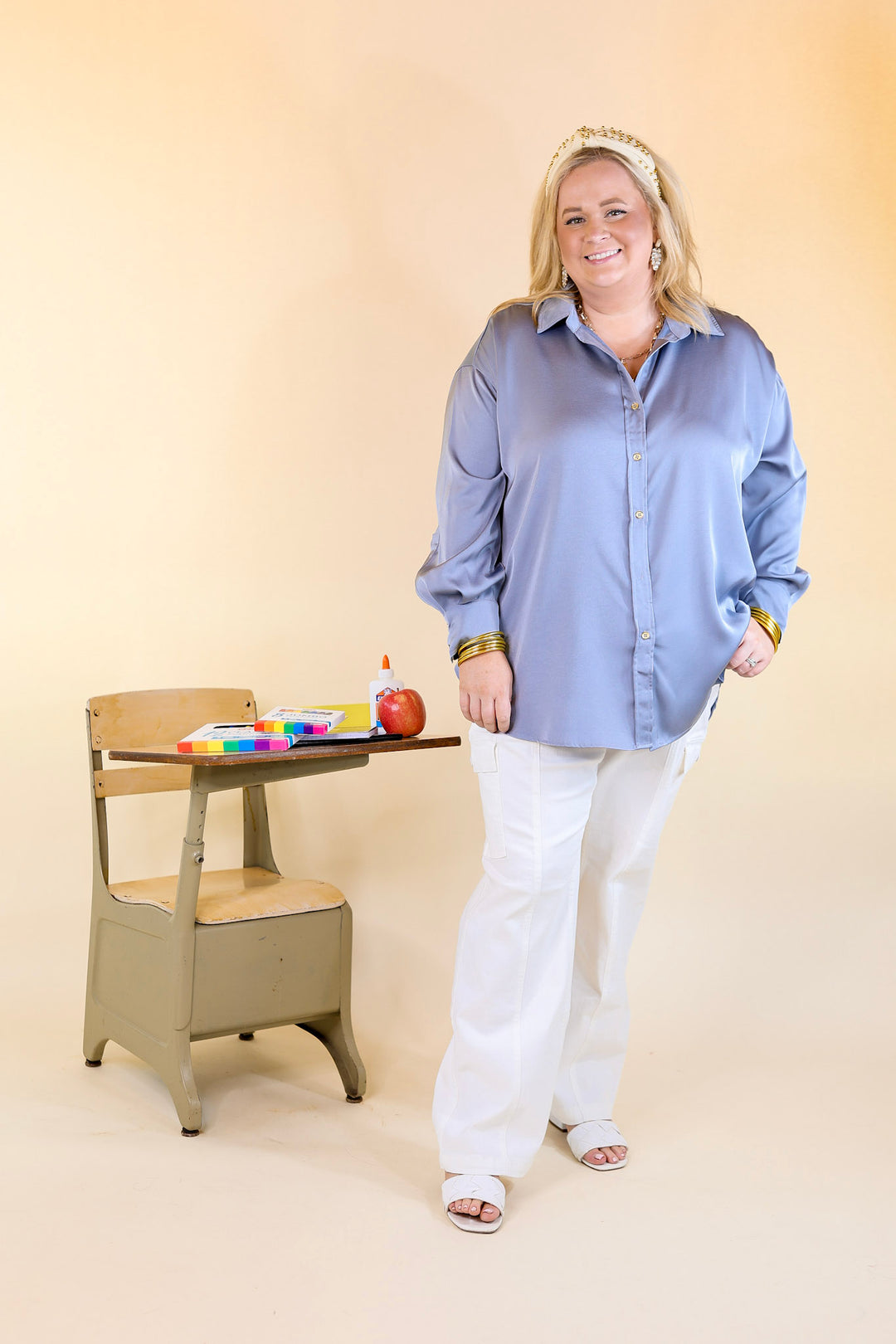 Tell Me Something Good Long Sleeve Button Up Top in Dusty Blue