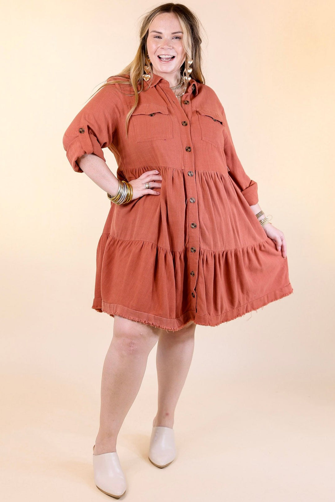 Chic Darling Ruffle Tiered Button Up Dress with Long Sleeves in Rust Orange
