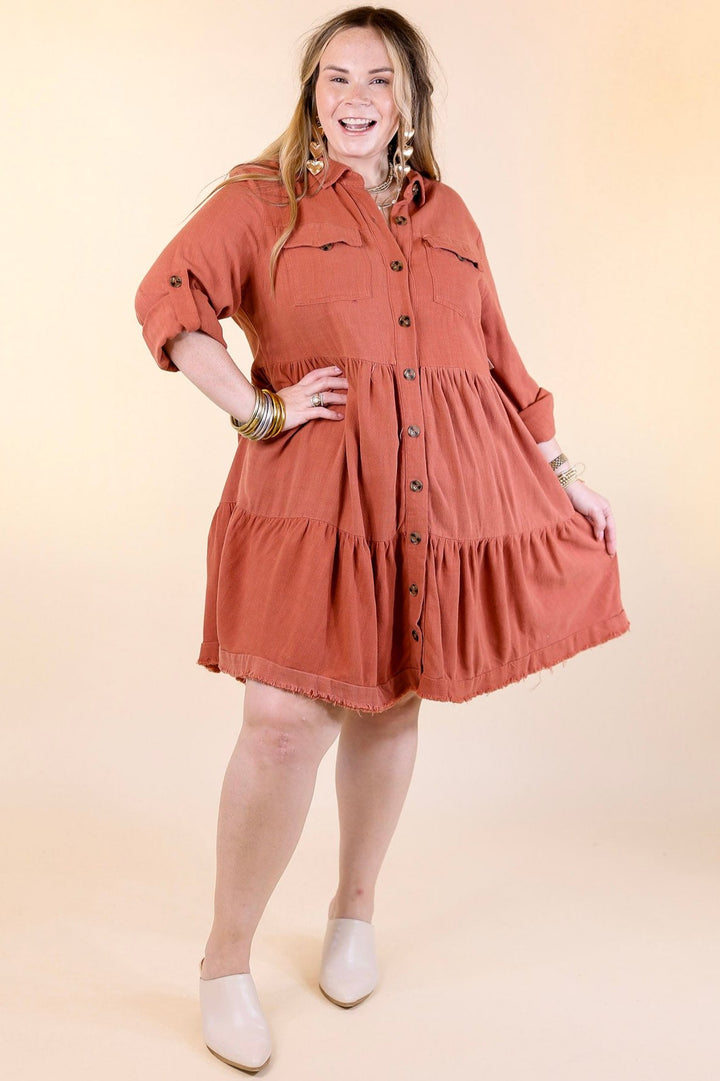 Chic Darling Ruffle Tiered Button Up Dress with Long Sleeves in Rust Orange
