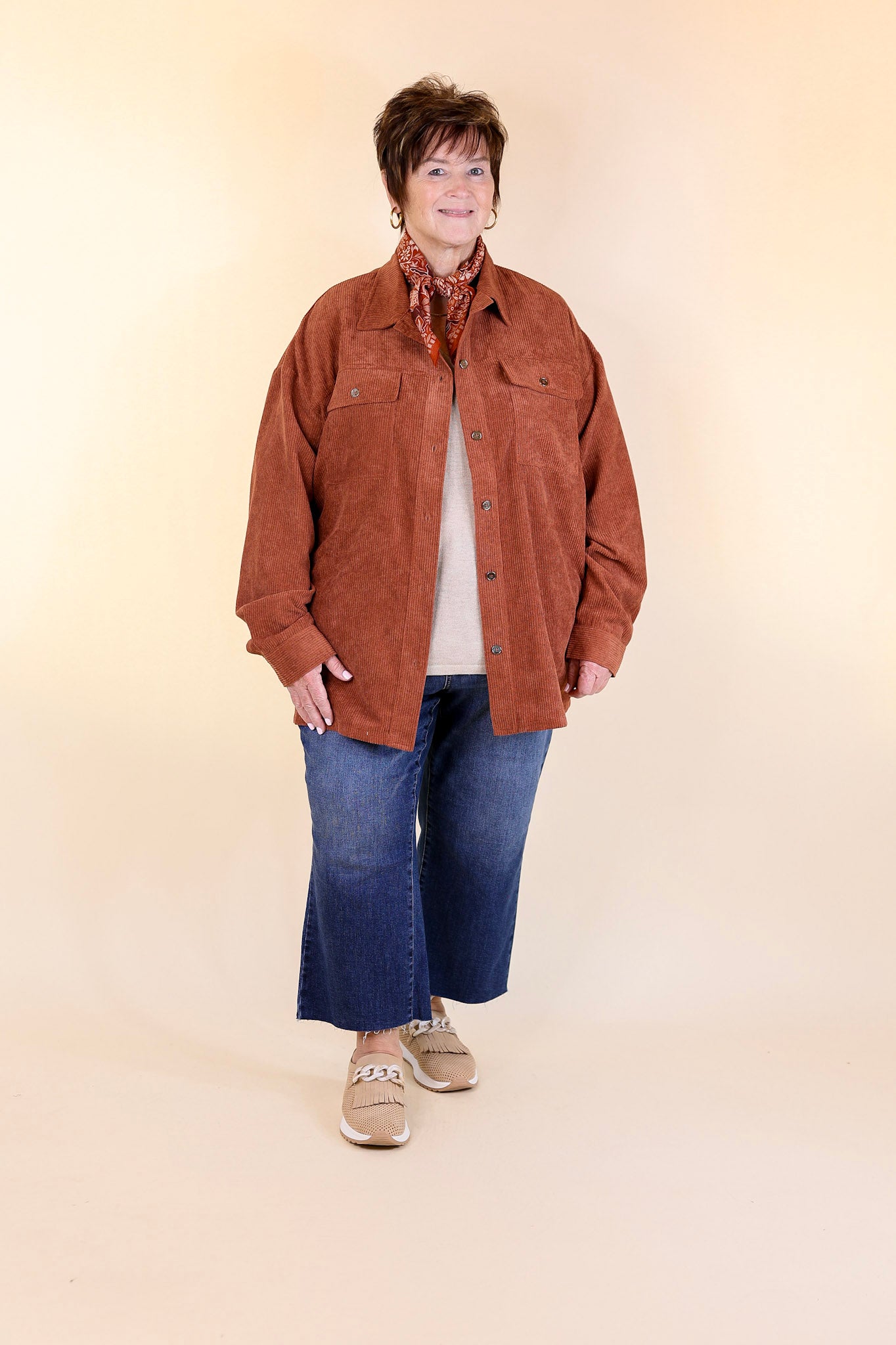 Latte Sips Button Up Corduroy Shacket in Rust