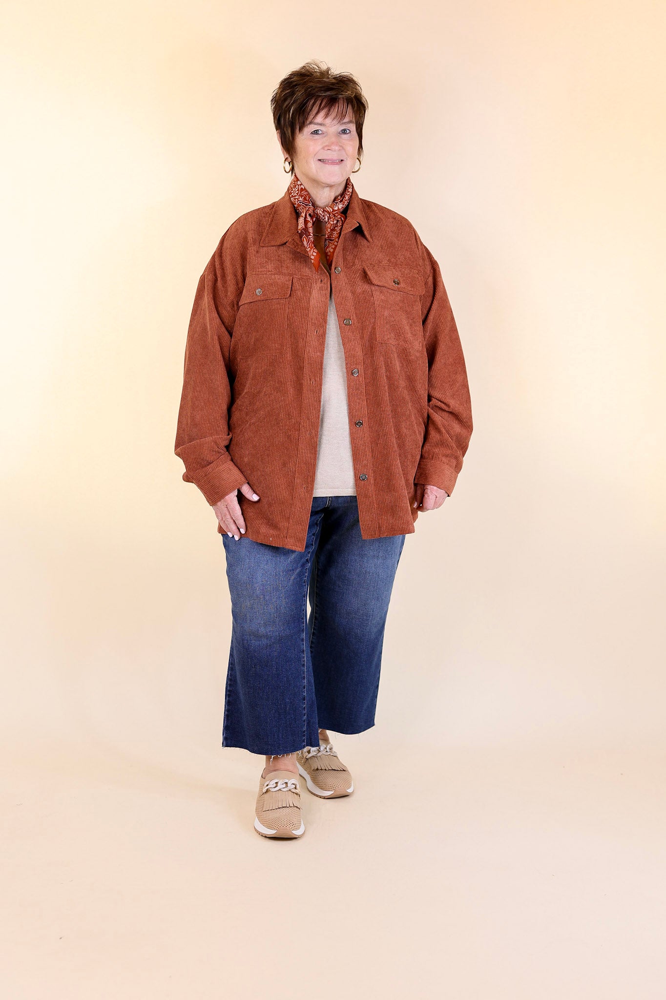 Latte Sips Button Up Corduroy Shacket in Rust