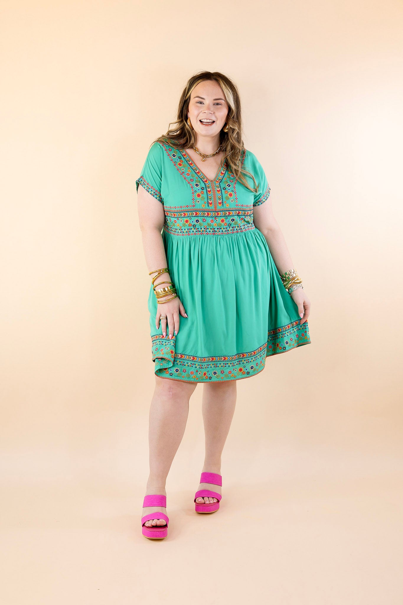 Passing Through V Neck Embroidered Dress with Short Sleeves in Mint Green - Giddy Up Glamour Boutique