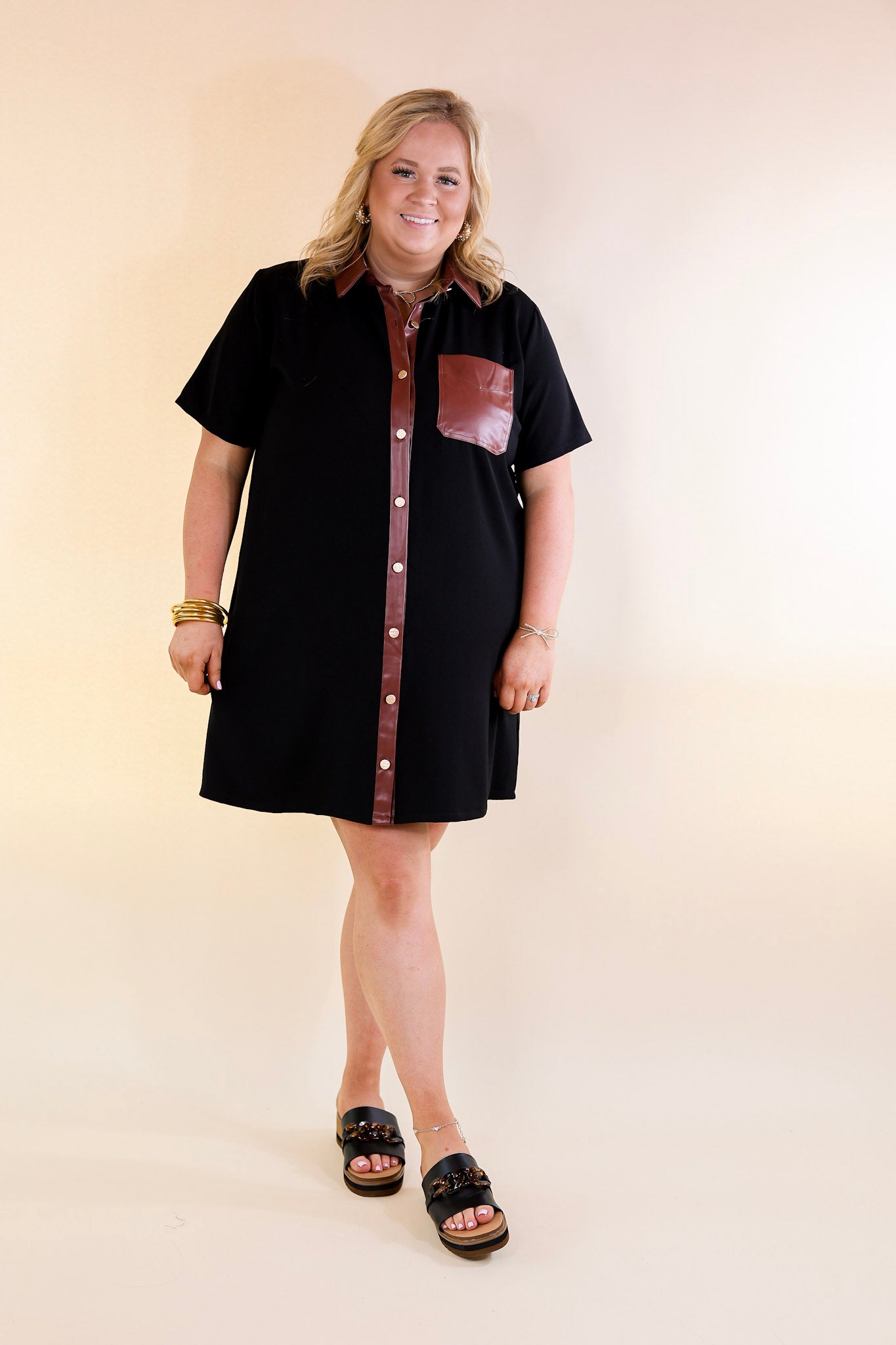 Put Your Records On Button Up Faux Leather Trim Dress in Black