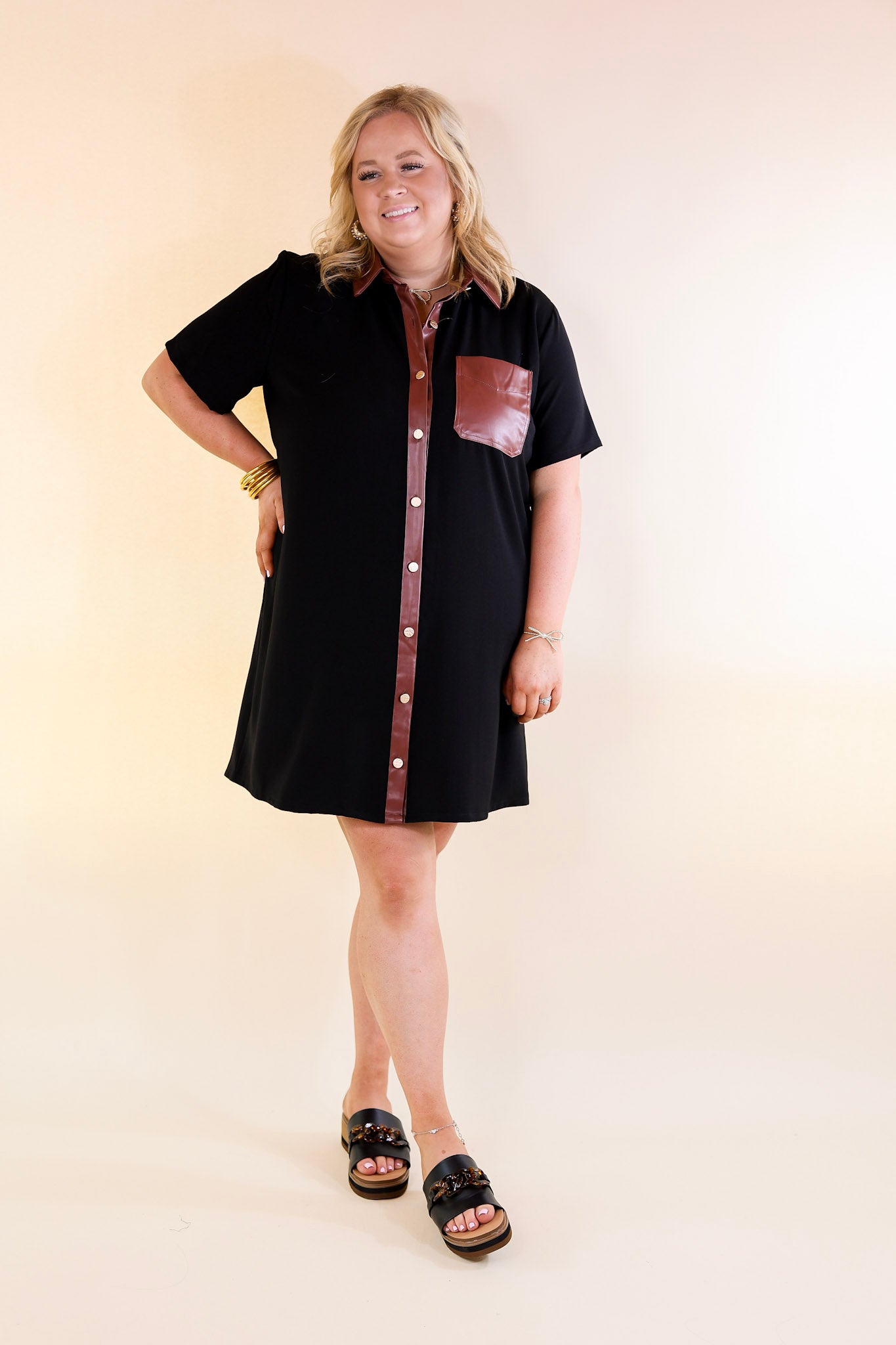 Put Your Records On Button Up Faux Leather Trim Dress in Black