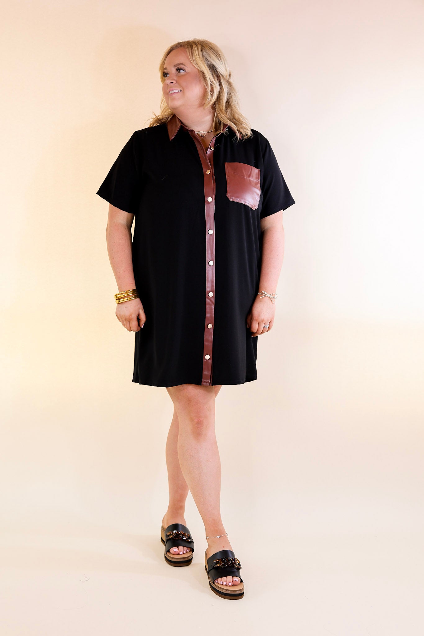 Put Your Records On Button Up Faux Leather Trim Dress in Black