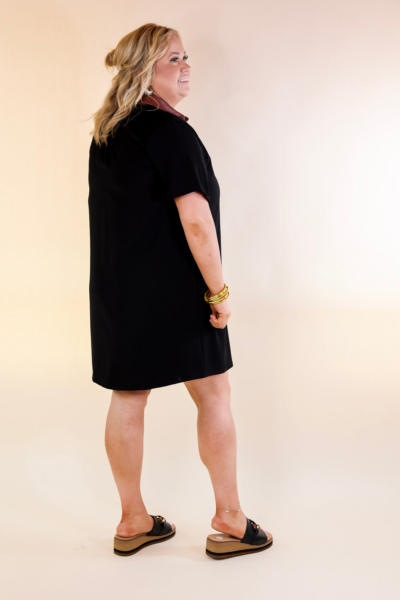 Put Your Records On Button Up Faux Leather Trim Dress in Black