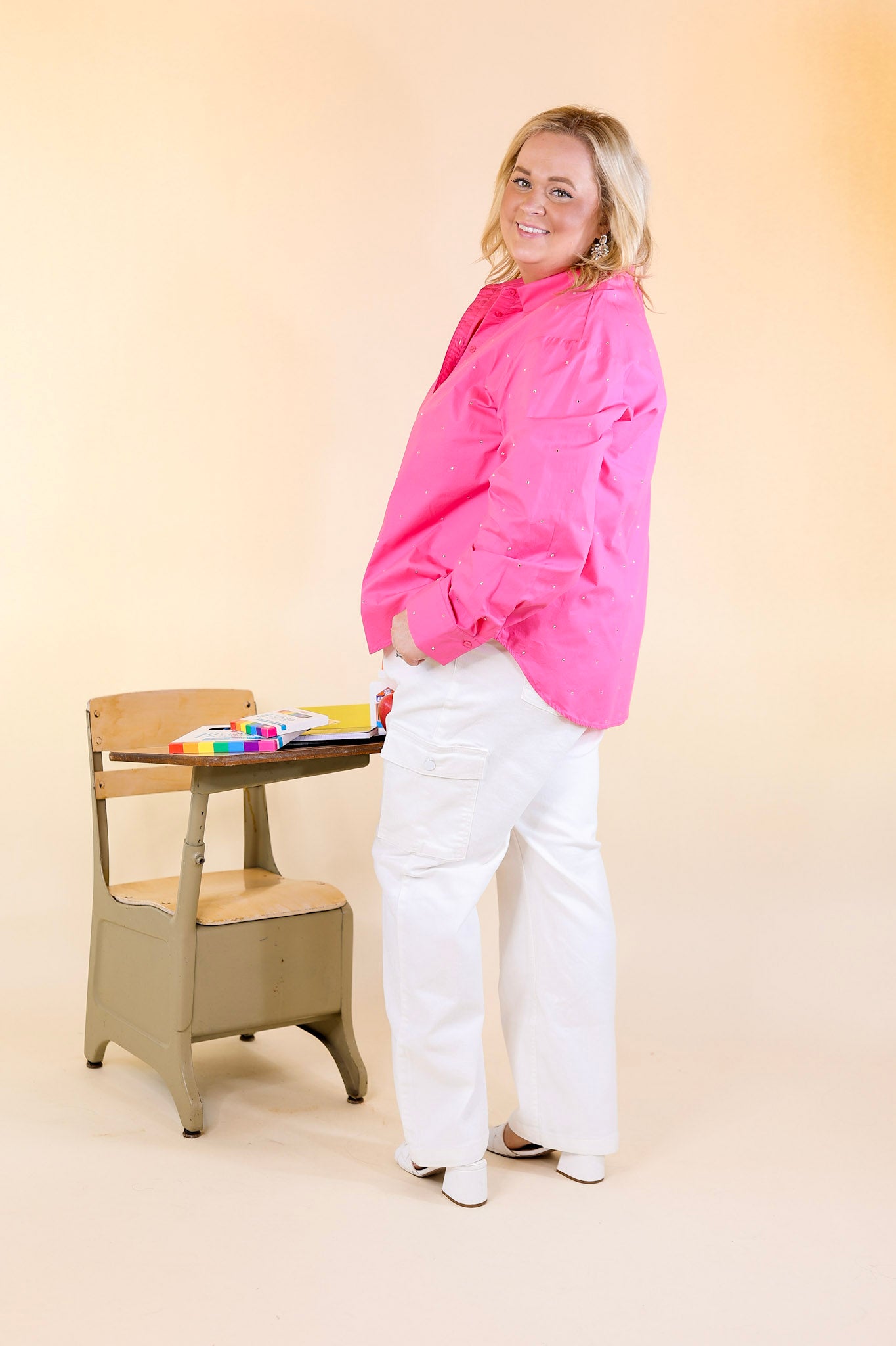 Shine On Collared Button Up Top with Rhinestones in Pink