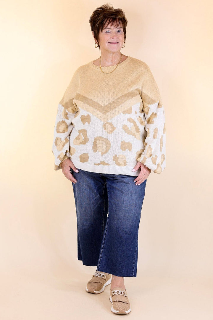 Thankful Thoughts Leopard Print and Chevron Print Block Sweater in Beige