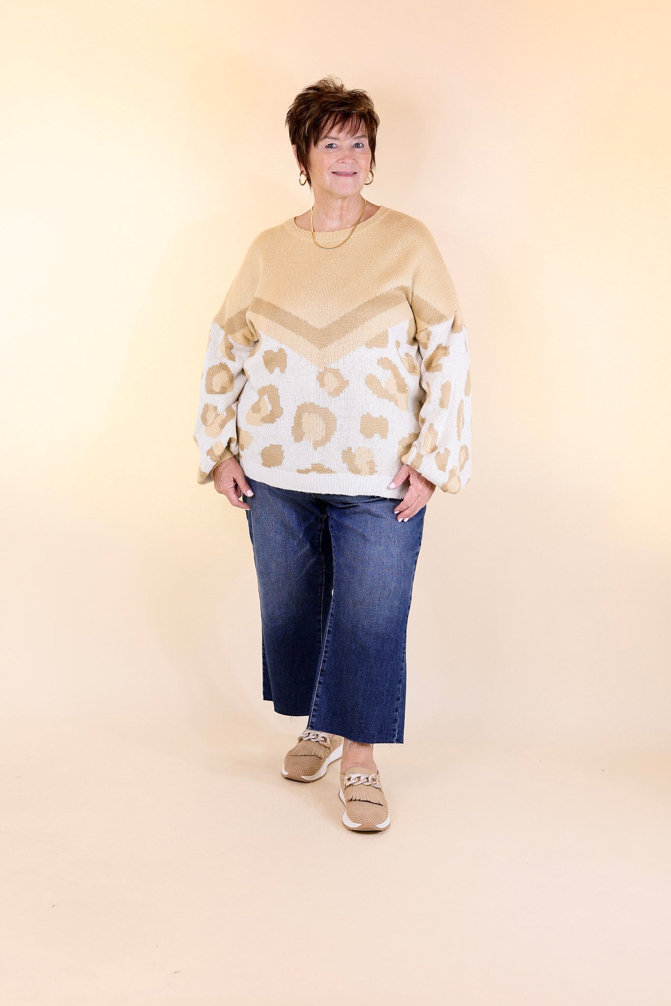 Thankful Thoughts Leopard Print and Chevron Print Block Sweater in Beige