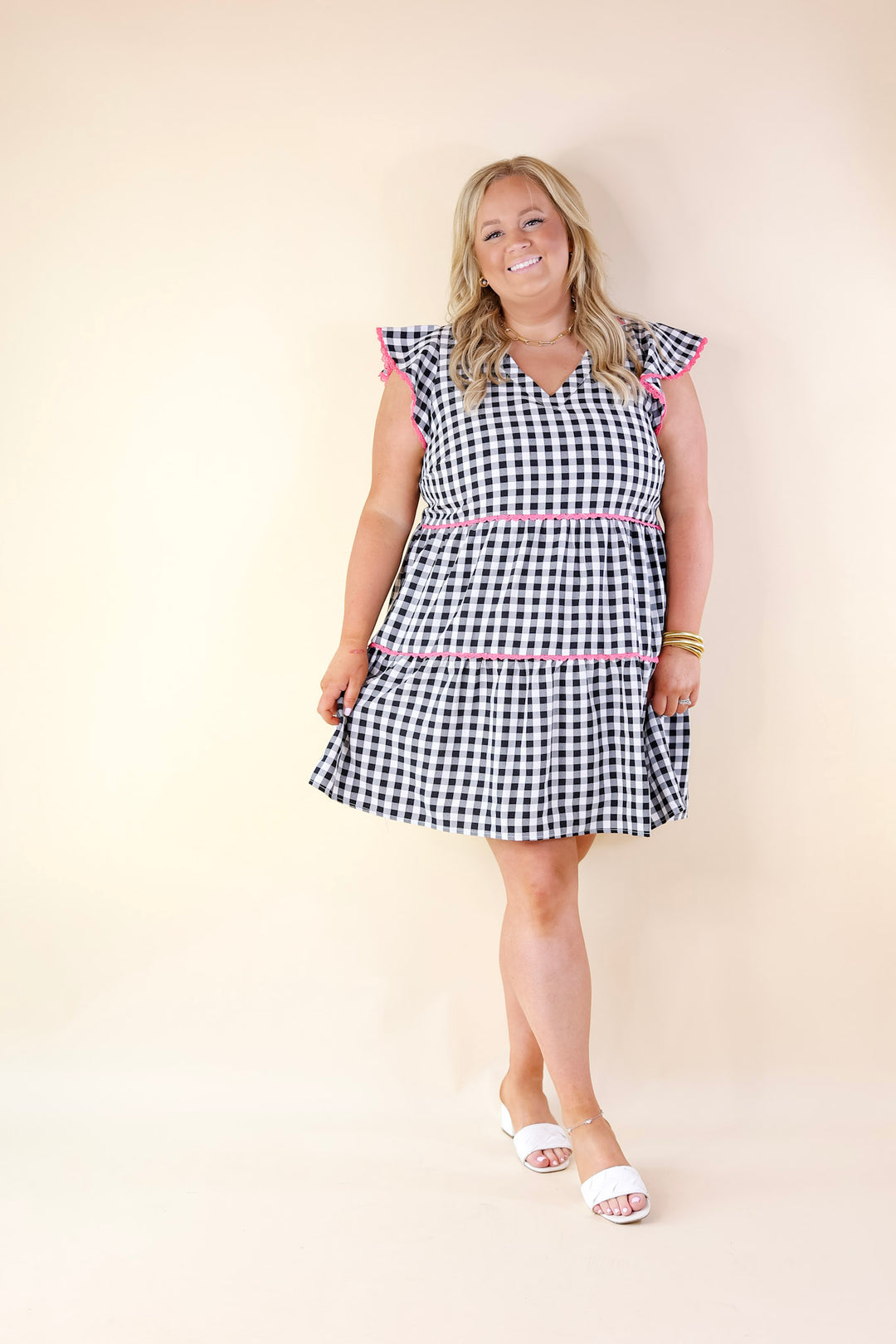 Flirty Mood Gingham Ruffle Tiered Dress with Pink Lace Trim - Giddy Up Glamour Boutique