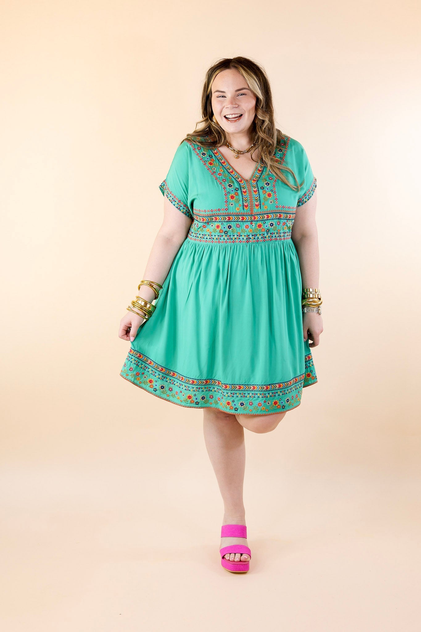 Passing Through V Neck Embroidered Dress with Short Sleeves in Mint Green - Giddy Up Glamour Boutique