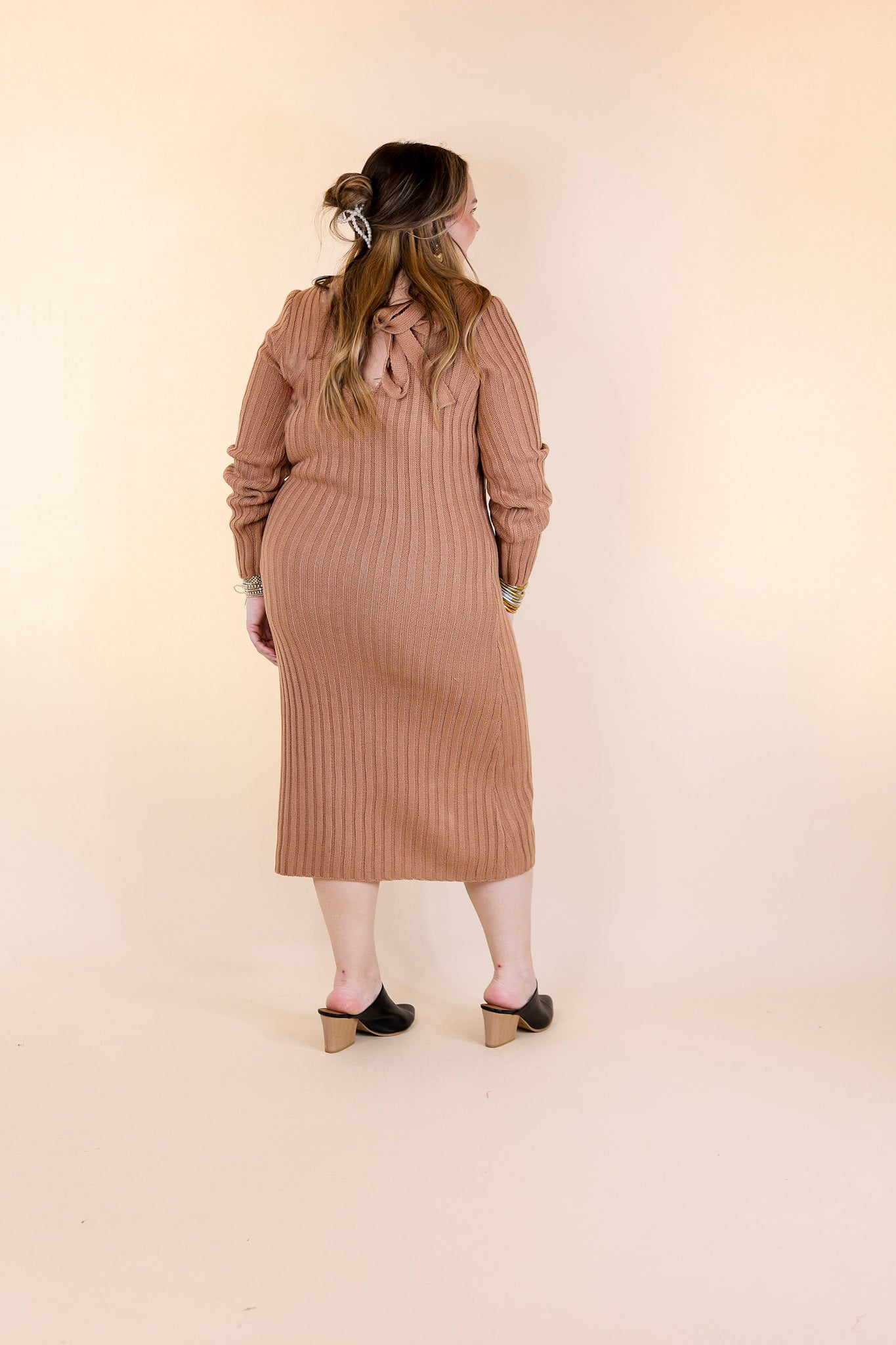 Pumpkin Spice Weather V Neck Midi Sweater Dress in Clay Nude