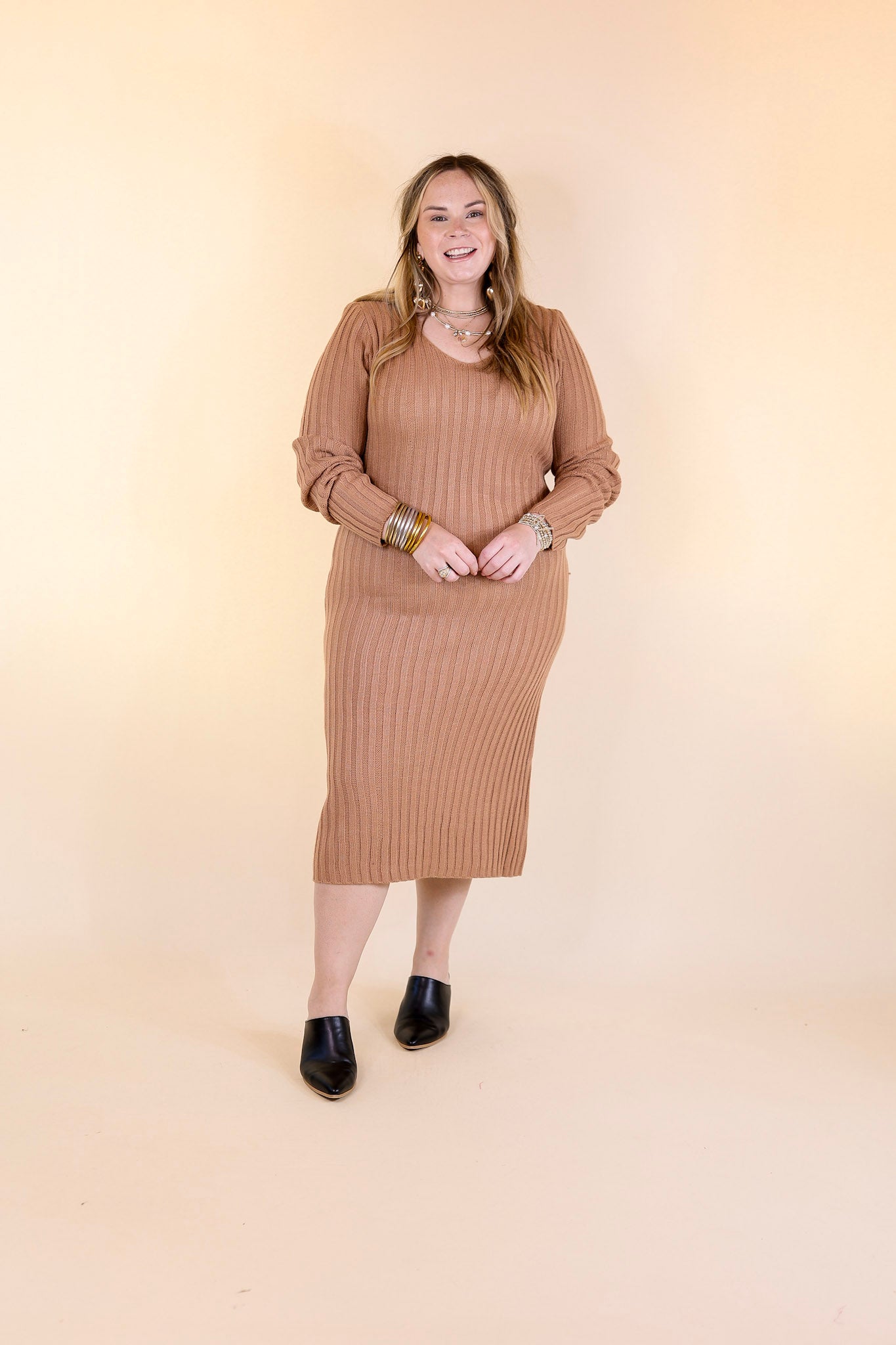 Pumpkin Spice Weather V Neck Midi Sweater Dress in Clay Nude