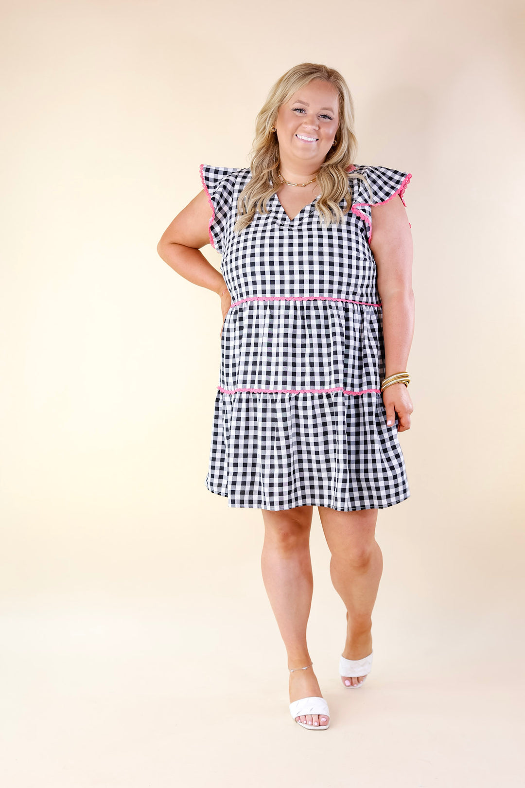 Flirty Mood Gingham Ruffle Tiered Dress with Pink Lace Trim - Giddy Up Glamour Boutique
