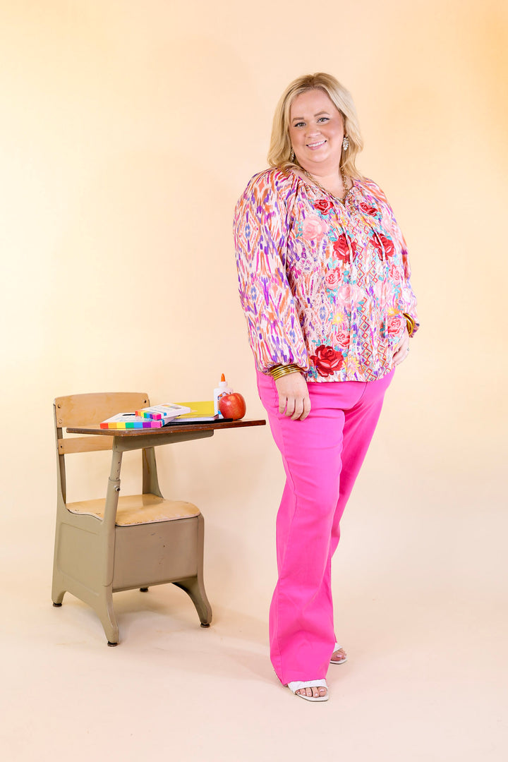 Chic Enchantment Long Sleeve Multi Color Top with Floral Embroidery