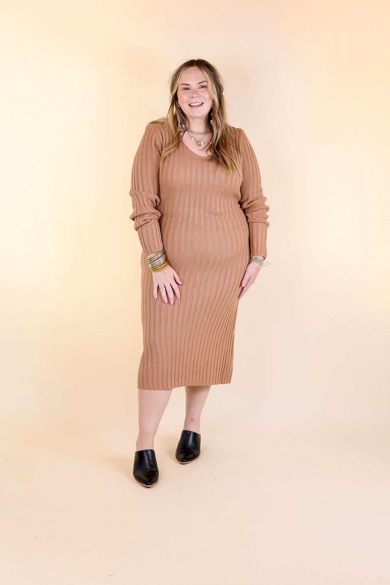 Pumpkin Spice Weather V Neck Midi Sweater Dress in Clay Nude