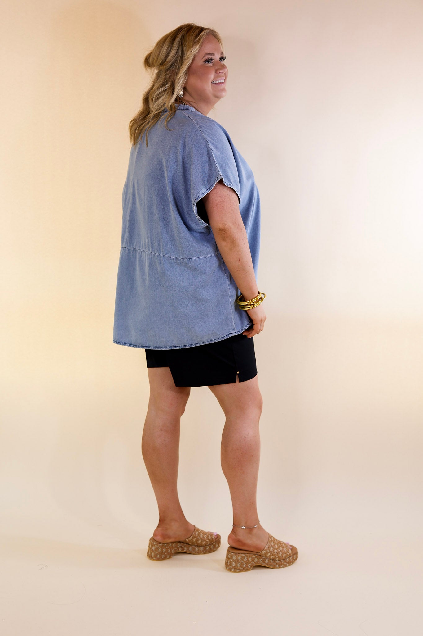 Fact Or Fiction Denim Top with Notched Neckline in Light Wash