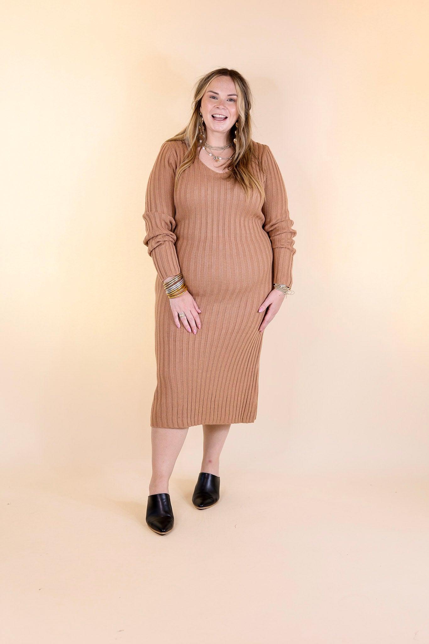 Pumpkin Spice Weather V Neck Midi Sweater Dress in Clay Nude