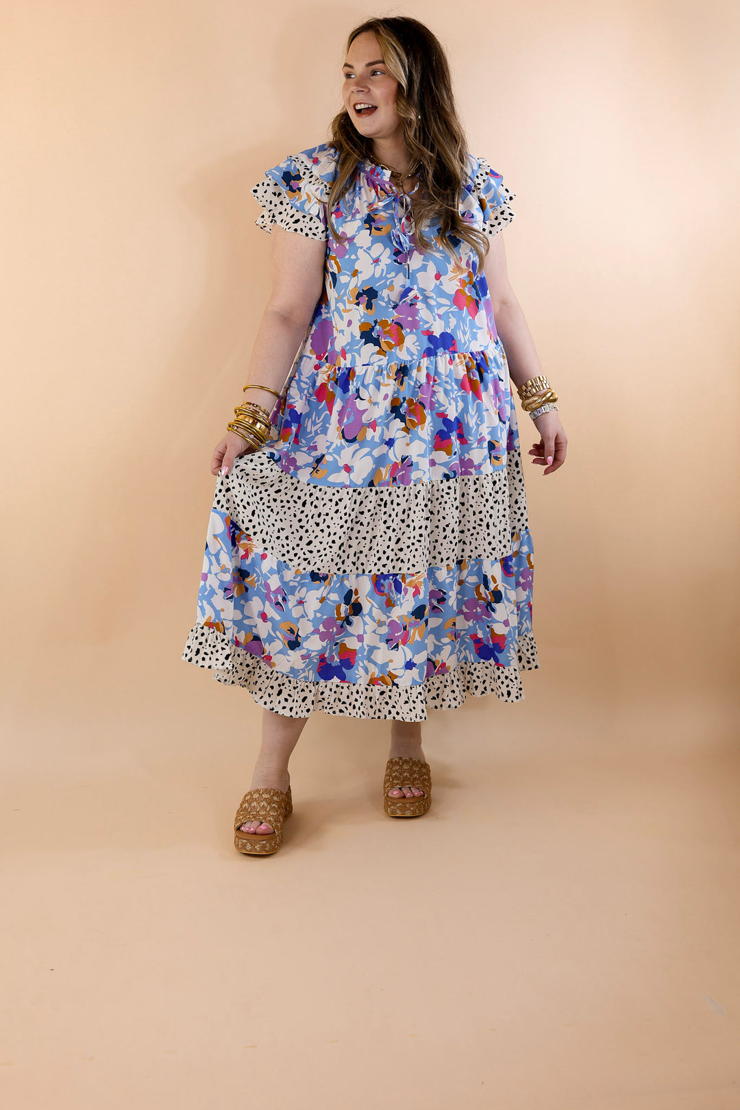 Paint The Wind Multicolor Keyhole Neckline Dress in Light Blue - Giddy Up Glamour Boutique