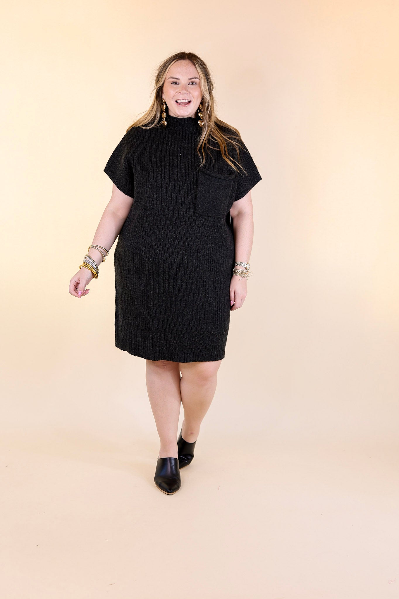 City Sights Cap Sleeve Sweater Dress in Charcoal Black