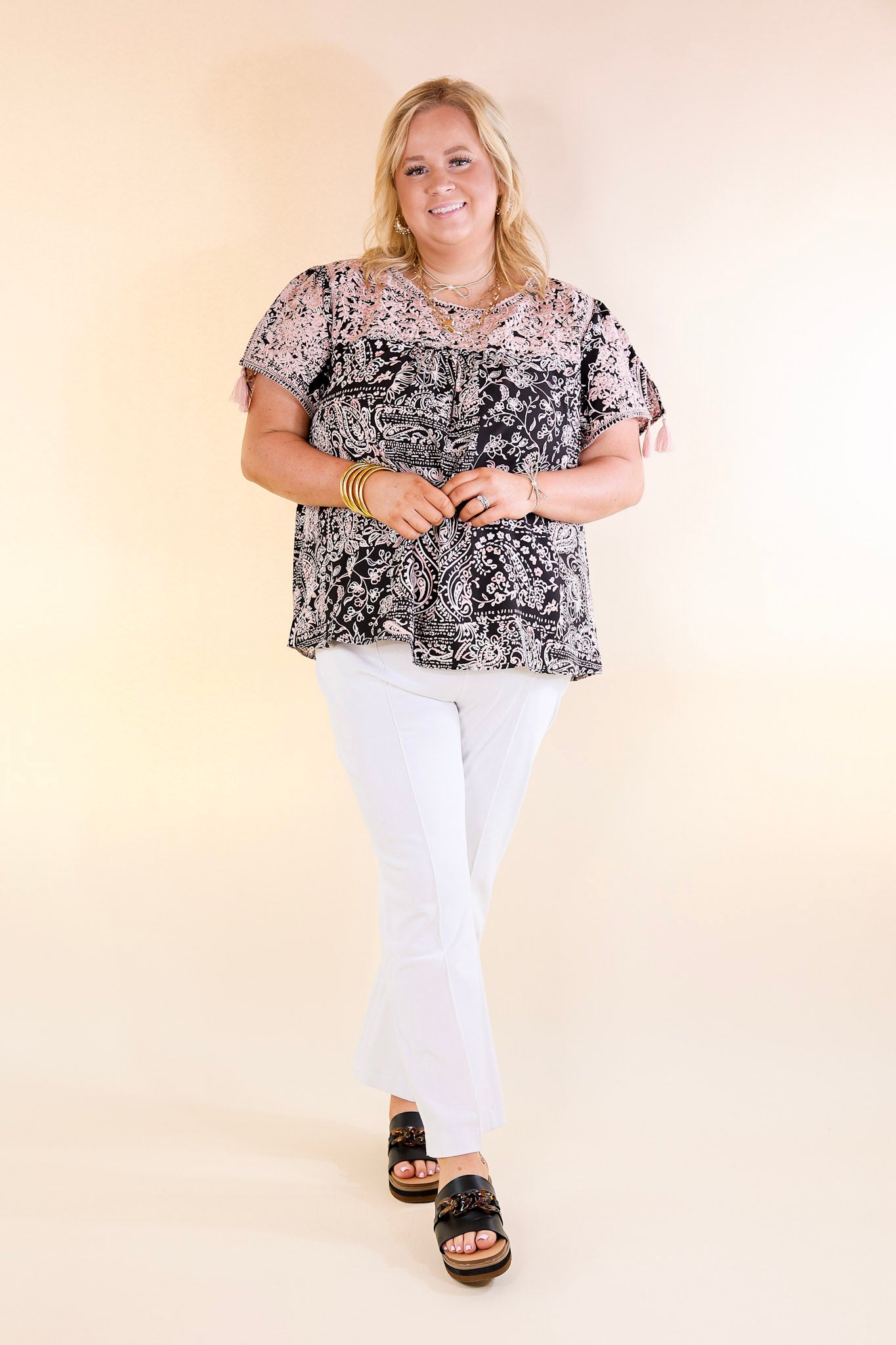 Sweet And Charming Paisley and Floral Print Top with Light Pink Floral Embroidery in Black