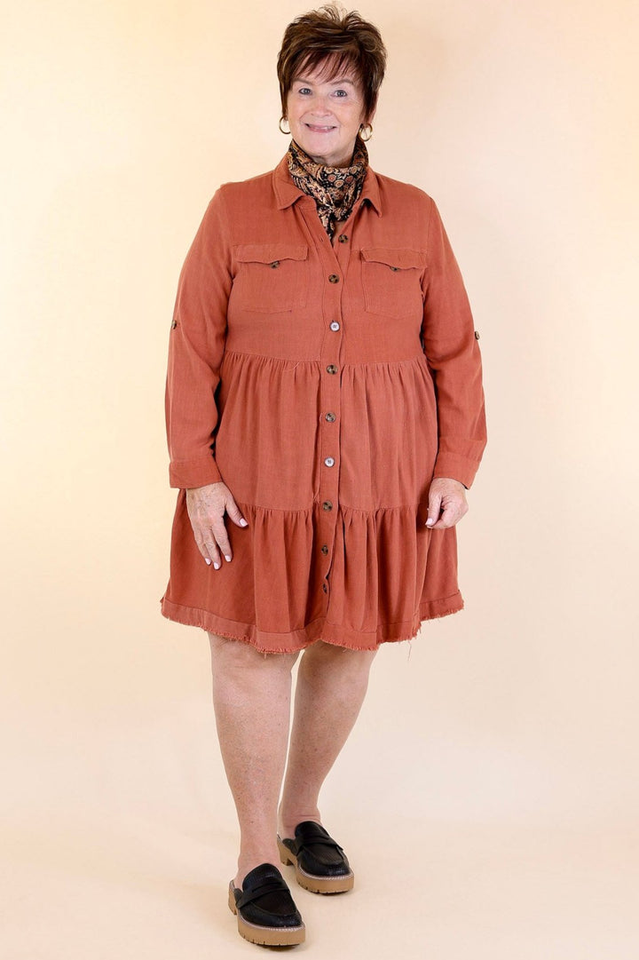 Chic Darling Ruffle Tiered Button Up Dress with Long Sleeves in Rust Orange