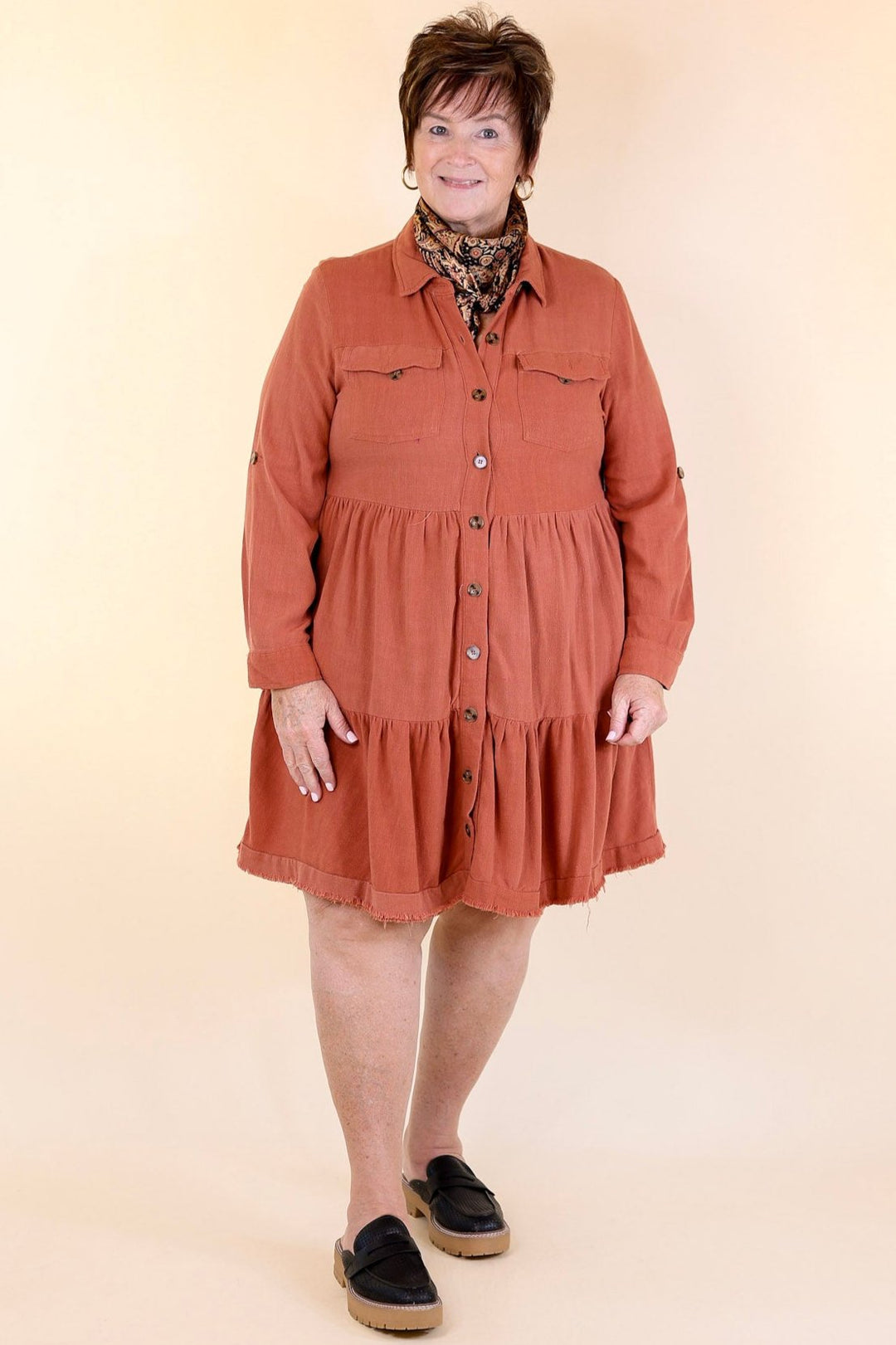 Chic Darling Ruffle Tiered Button Up Dress with Long Sleeves in Rust Orange