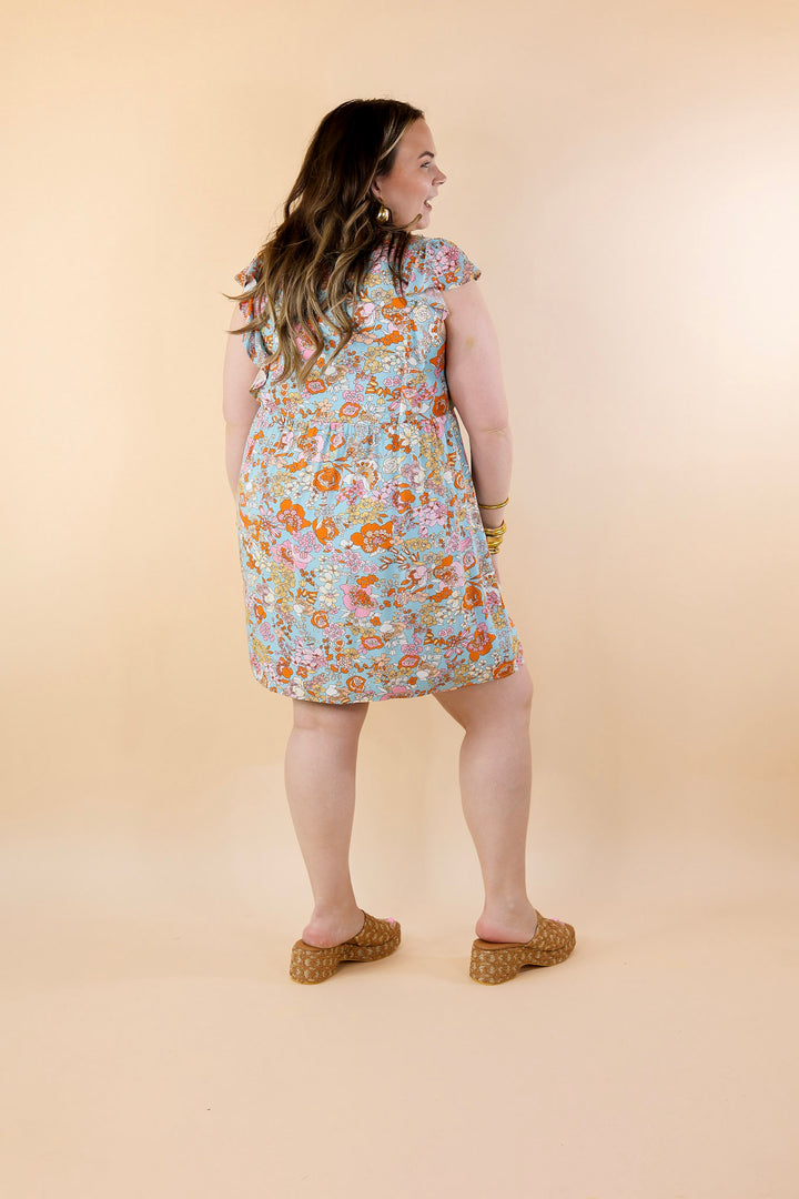 Sunshine On My Mind Floral Ruffle Cap Sleeve Dress in Light Blue - Giddy Up Glamour Boutique