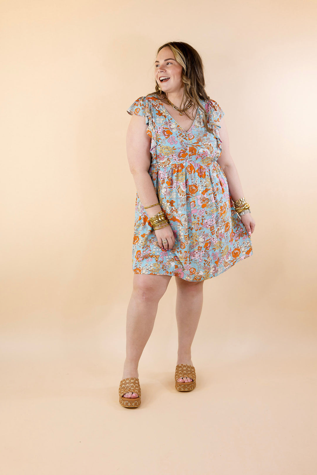 Sunshine On My Mind Floral Ruffle Cap Sleeve Dress in Light Blue - Giddy Up Glamour Boutique