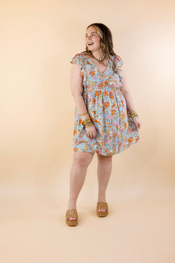 Sunshine On My Mind Floral Ruffle Cap Sleeve Dress in Light Blue - Giddy Up Glamour Boutique