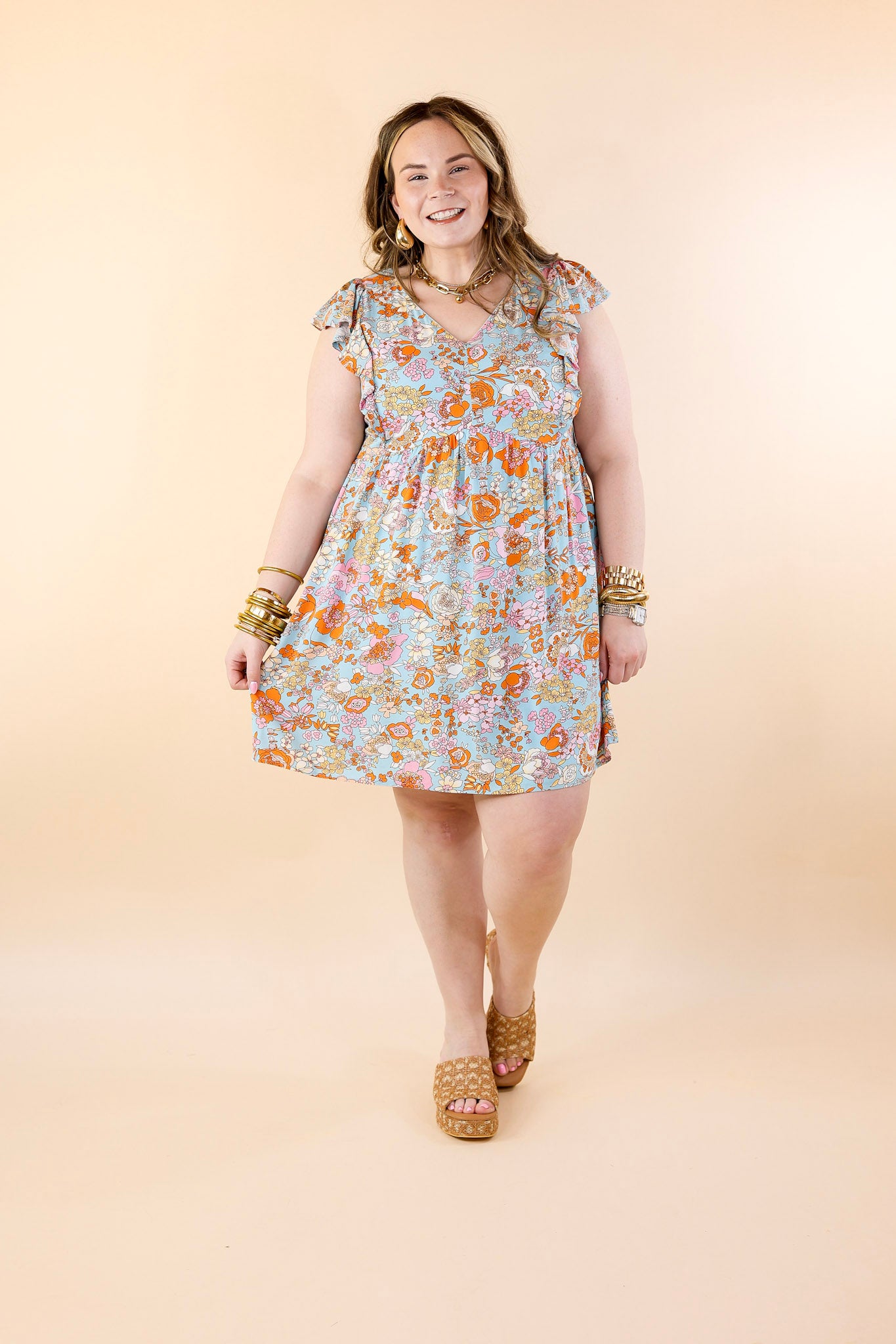 Sunshine On My Mind Floral Ruffle Cap Sleeve Dress in Light Blue - Giddy Up Glamour Boutique
