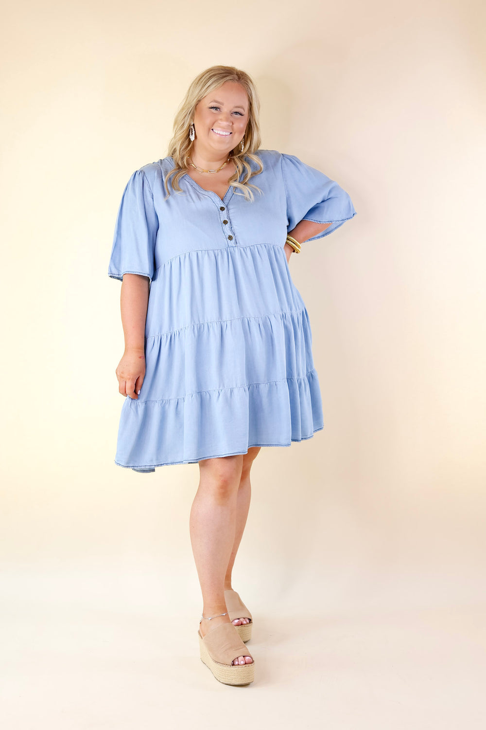 Truly Darling Chambray Tiered Dress with Button Up Yoke in Light Wash - Giddy Up Glamour Boutique