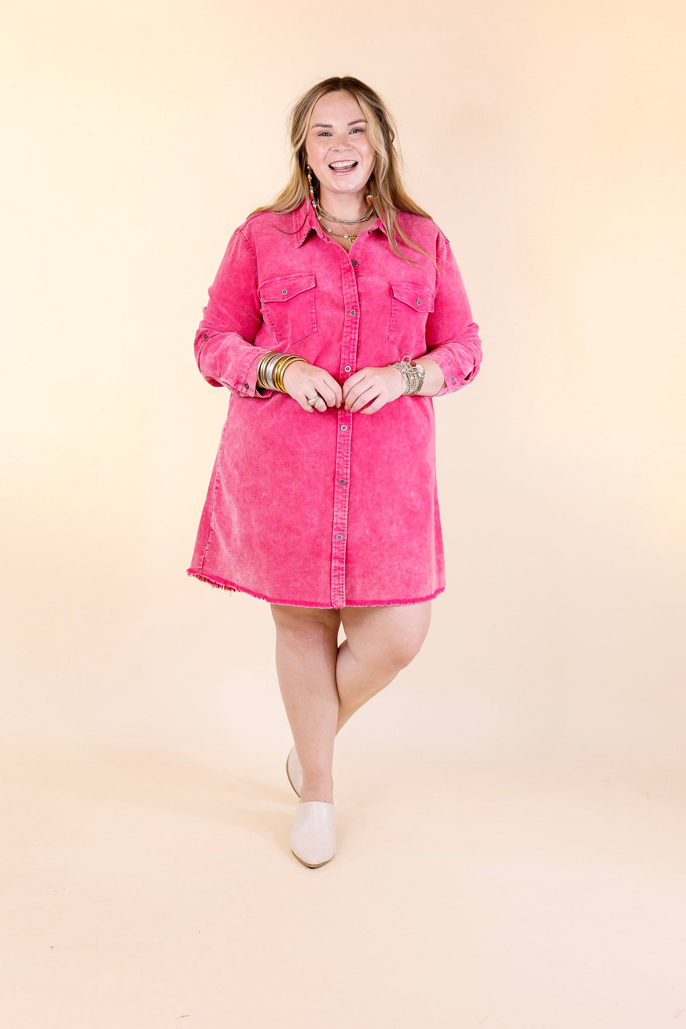 Patio Date Button Up Long Sleeve Corduroy Dress in Pink