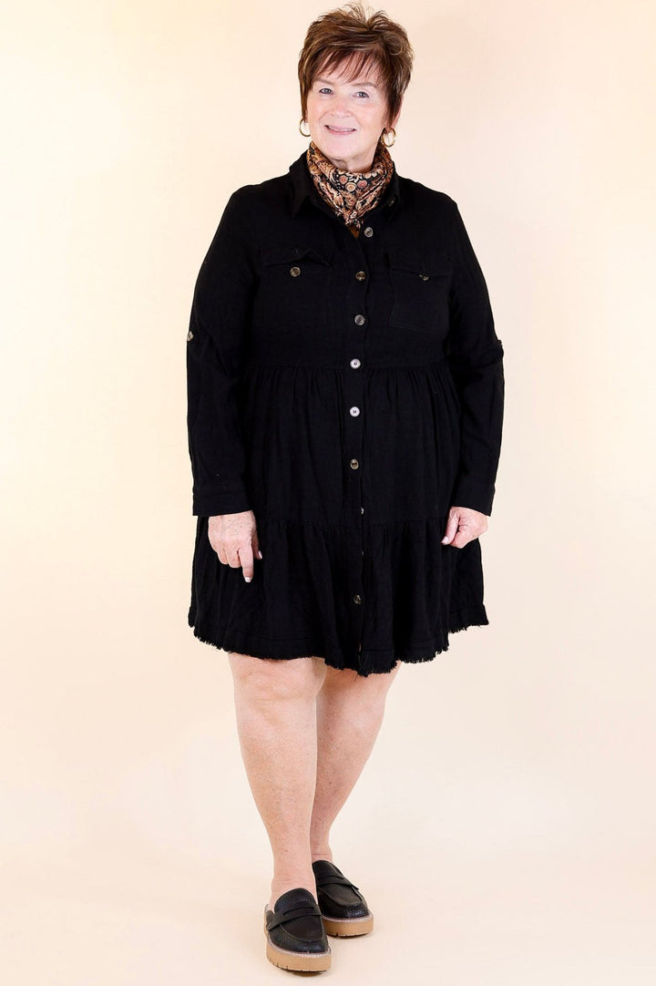 Chic Darling Ruffle Tiered Button Up Dress with Long Sleeves in Black