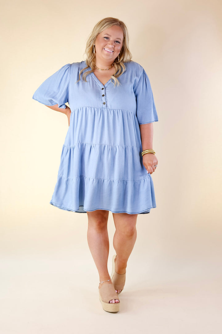 Truly Darling Chambray Tiered Dress with Button Up Yoke in Light Wash - Giddy Up Glamour Boutique