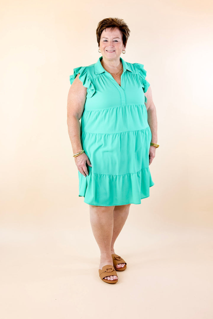 All Of A Sudden Ruffle Cap Sleeve Short Dress in Mint Green - Giddy Up Glamour Boutique