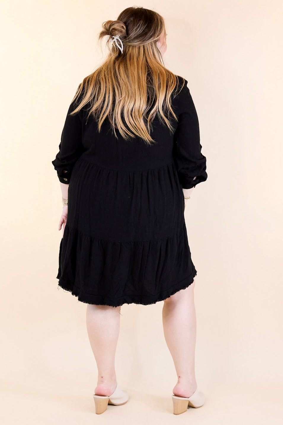 Chic Darling Ruffle Tiered Button Up Dress with Long Sleeves in Black