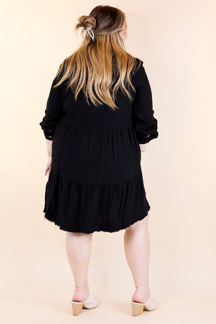 Chic Darling Ruffle Tiered Button Up Dress with Long Sleeves in Black