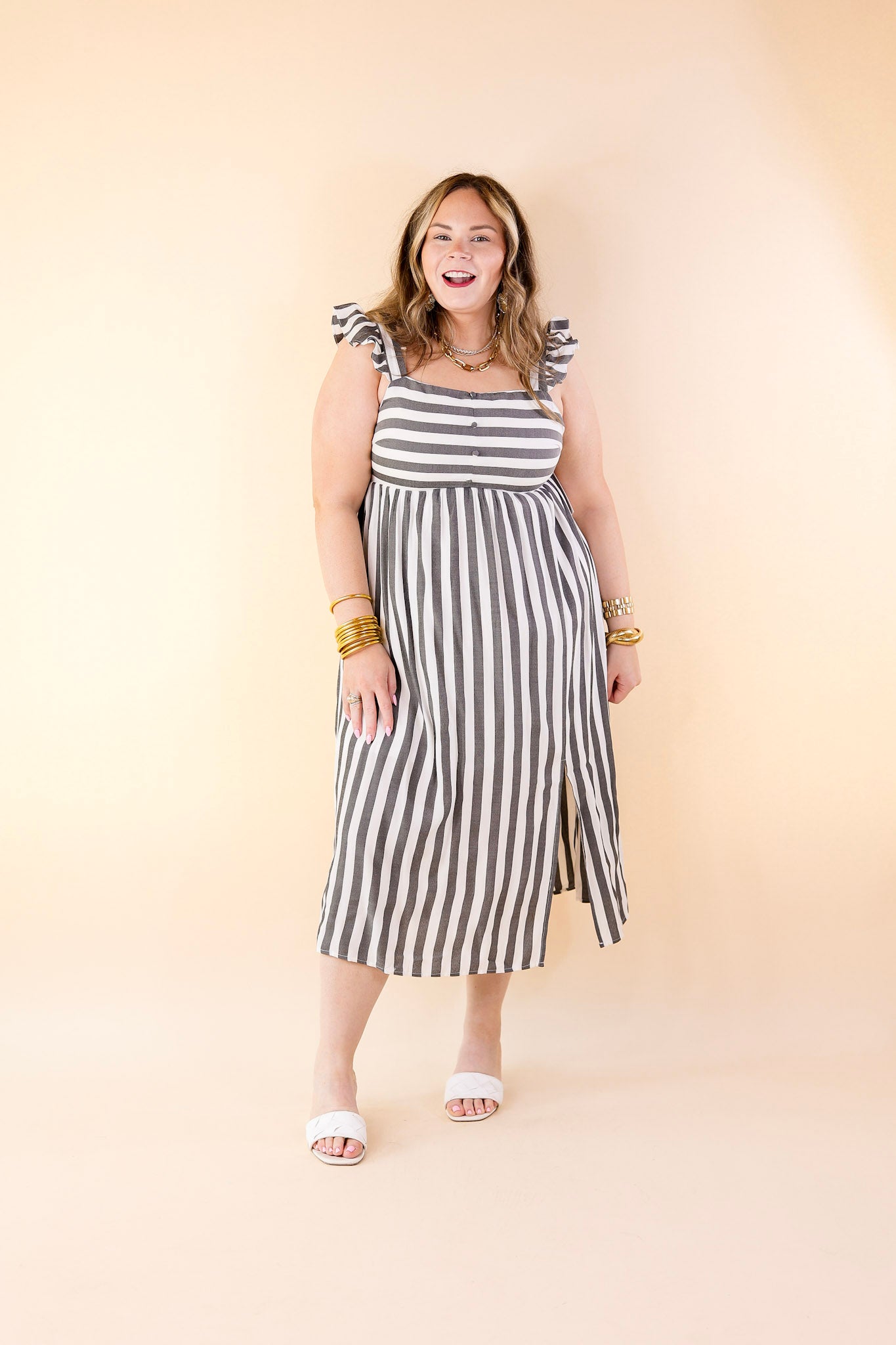 Beach Dreamin Pinstripe Dress in Grey and White - Giddy Up Glamour Boutique