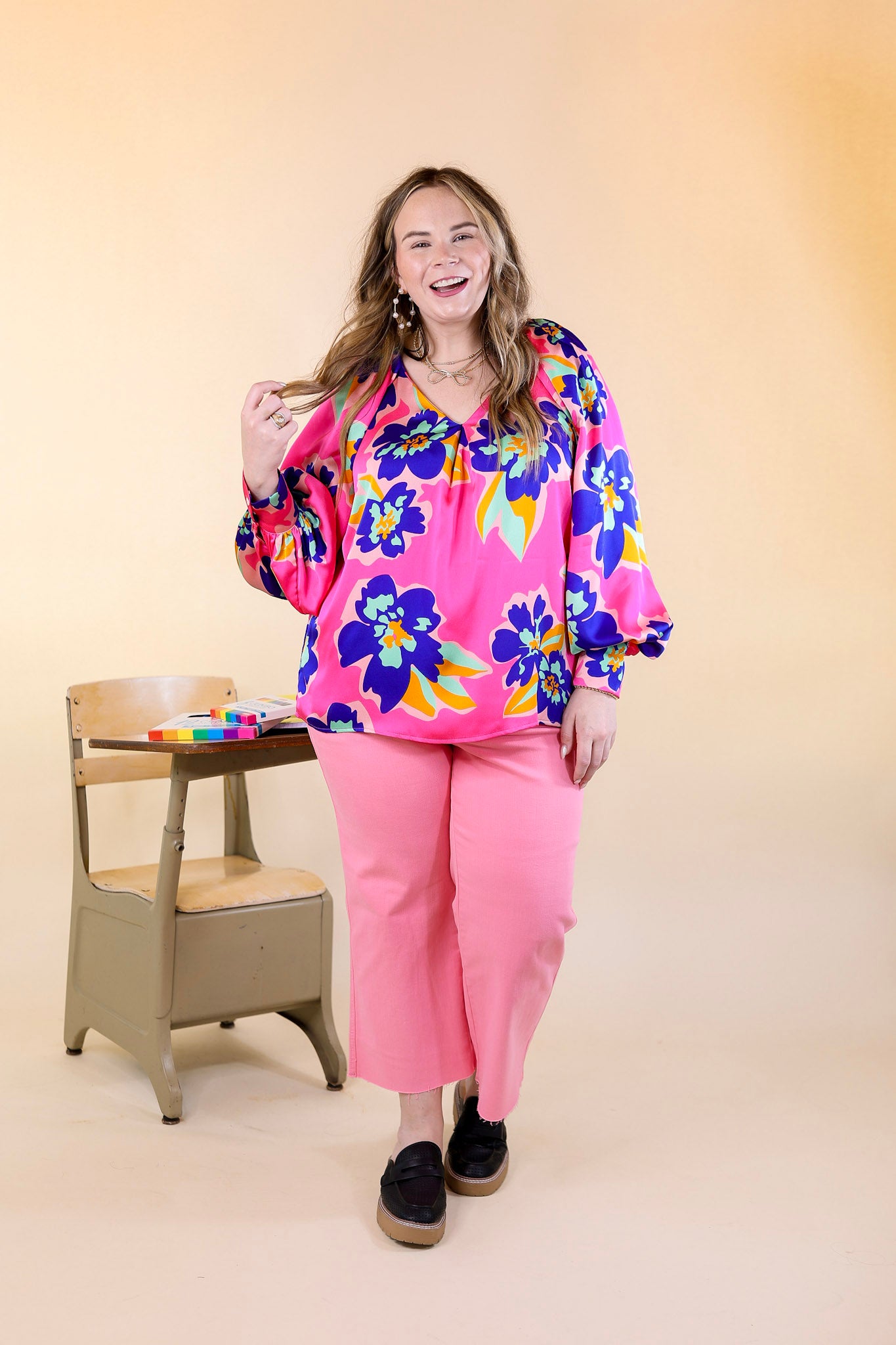 Peony Path Long Sleeve Floral Top with V Neckline in Pink