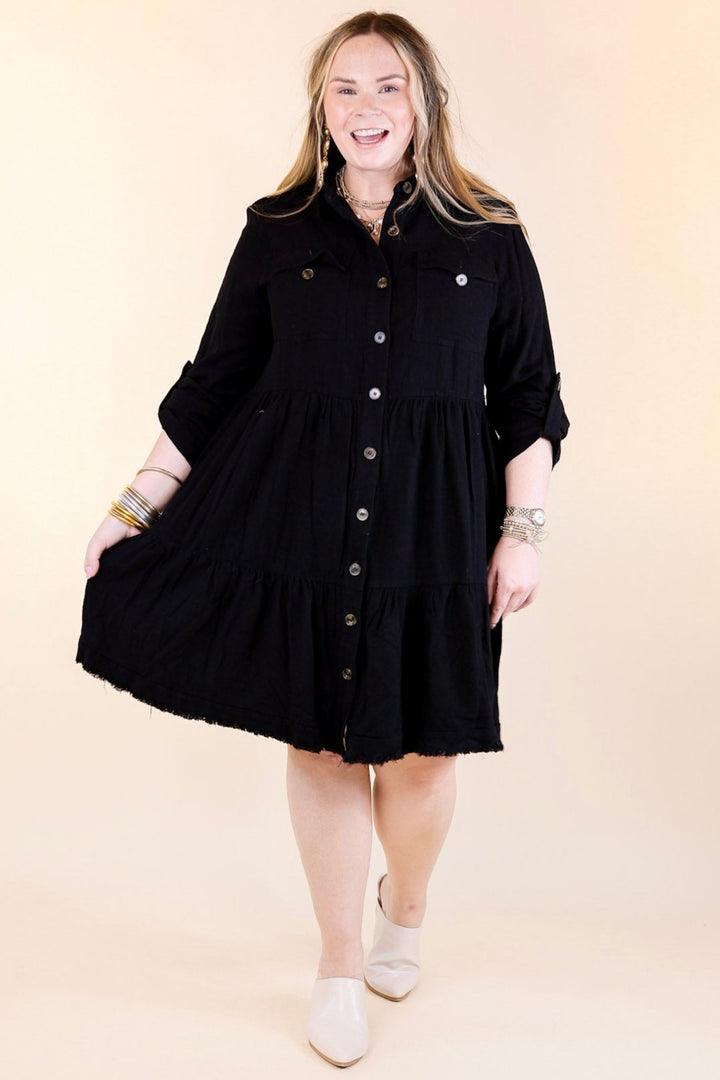 Chic Darling Ruffle Tiered Button Up Dress with Long Sleeves in Black