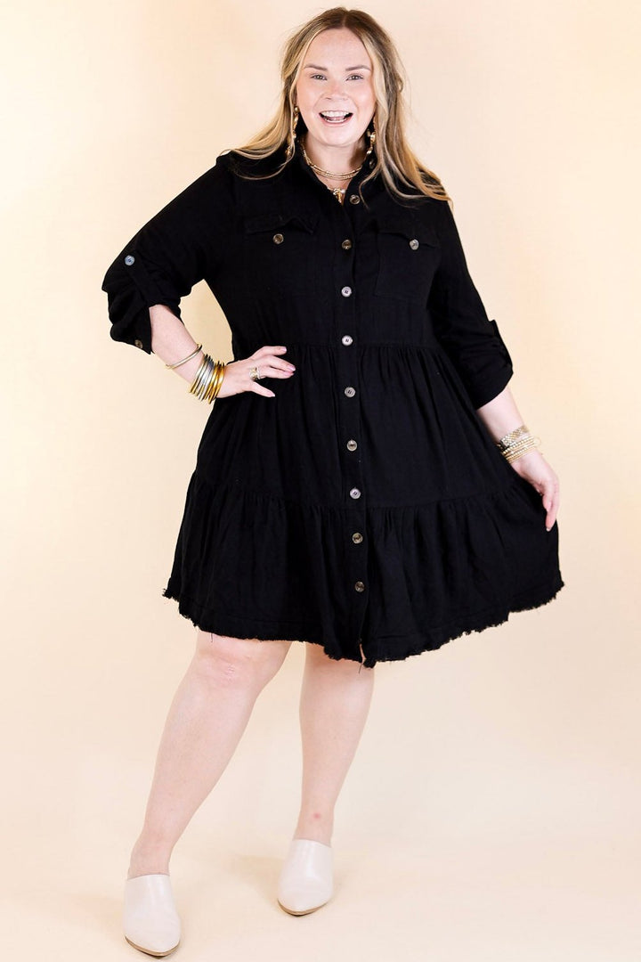 Chic Darling Ruffle Tiered Button Up Dress with Long Sleeves in Black