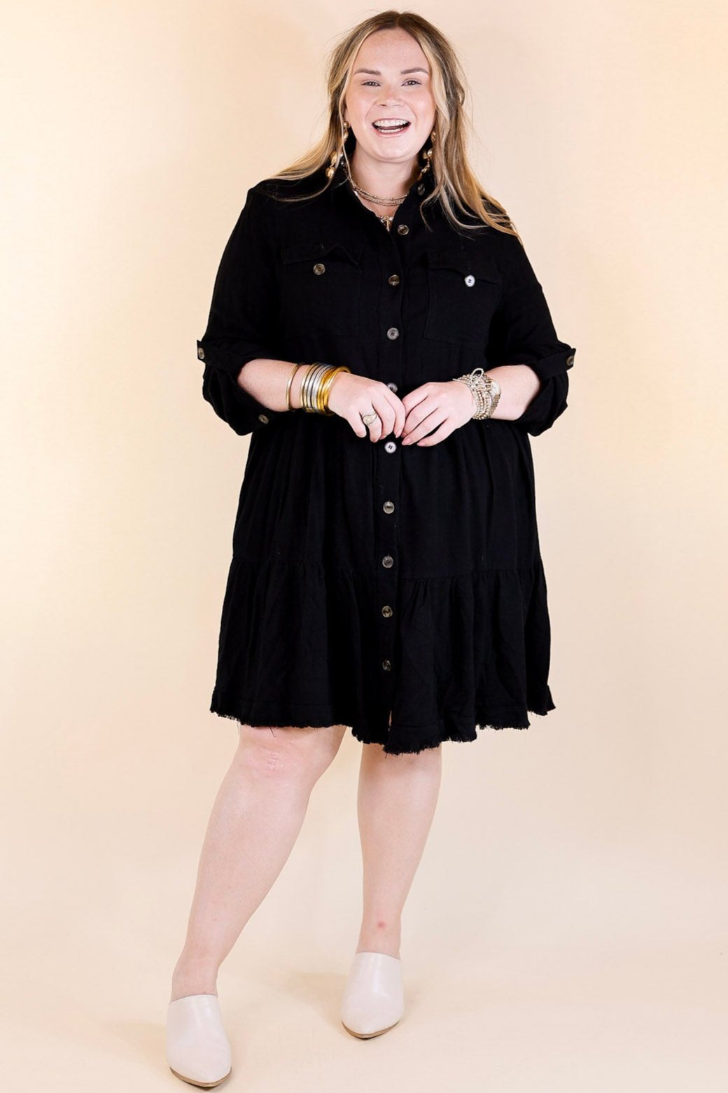 Chic Darling Ruffle Tiered Button Up Dress with Long Sleeves in Black