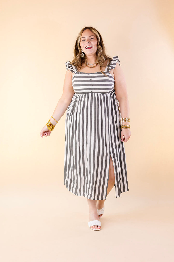 Beach Dreamin Pinstripe Dress in Grey and White - Giddy Up Glamour Boutique