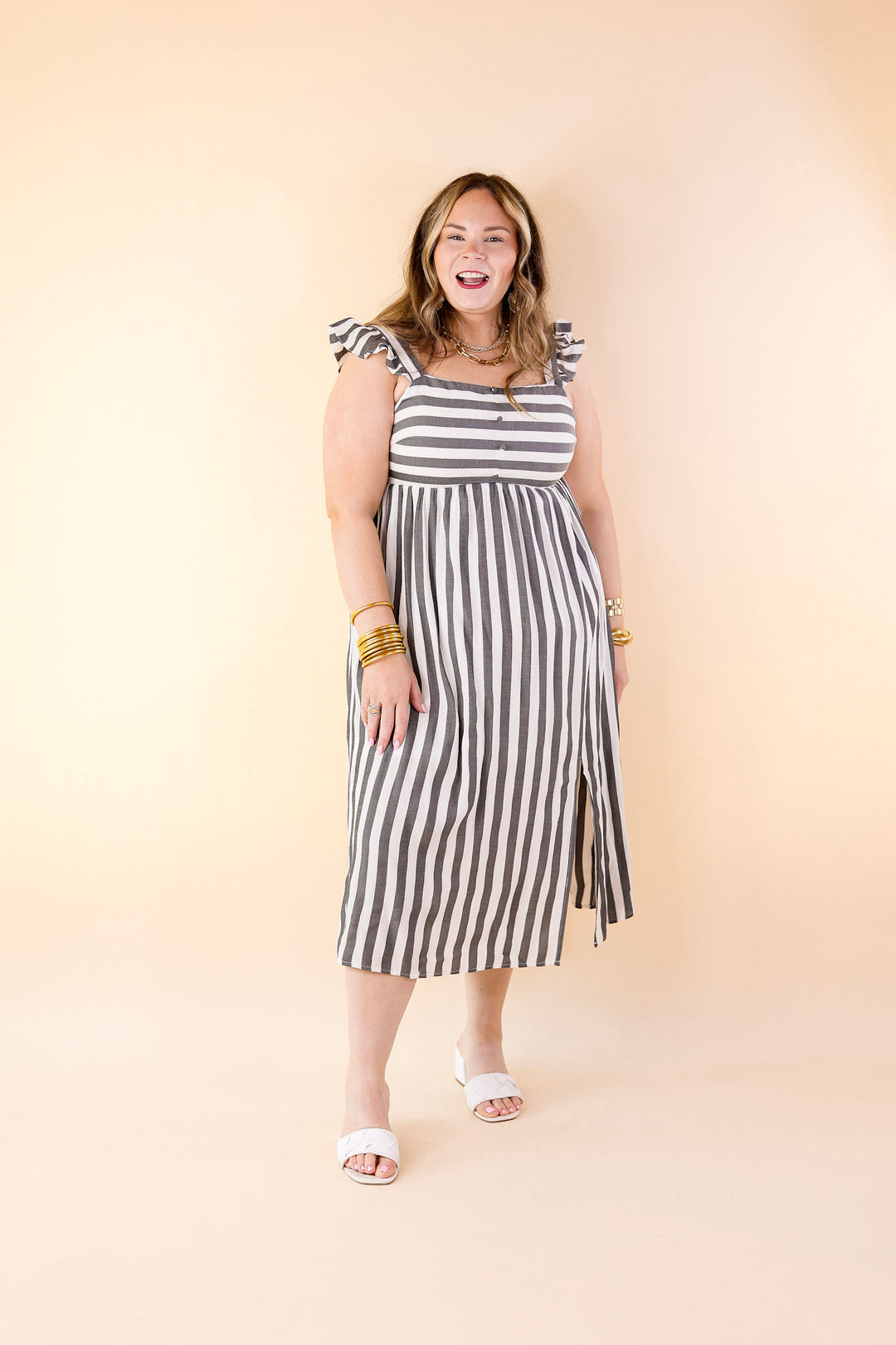 Beach Dreamin Pinstripe Dress in Grey and White - Giddy Up Glamour Boutique