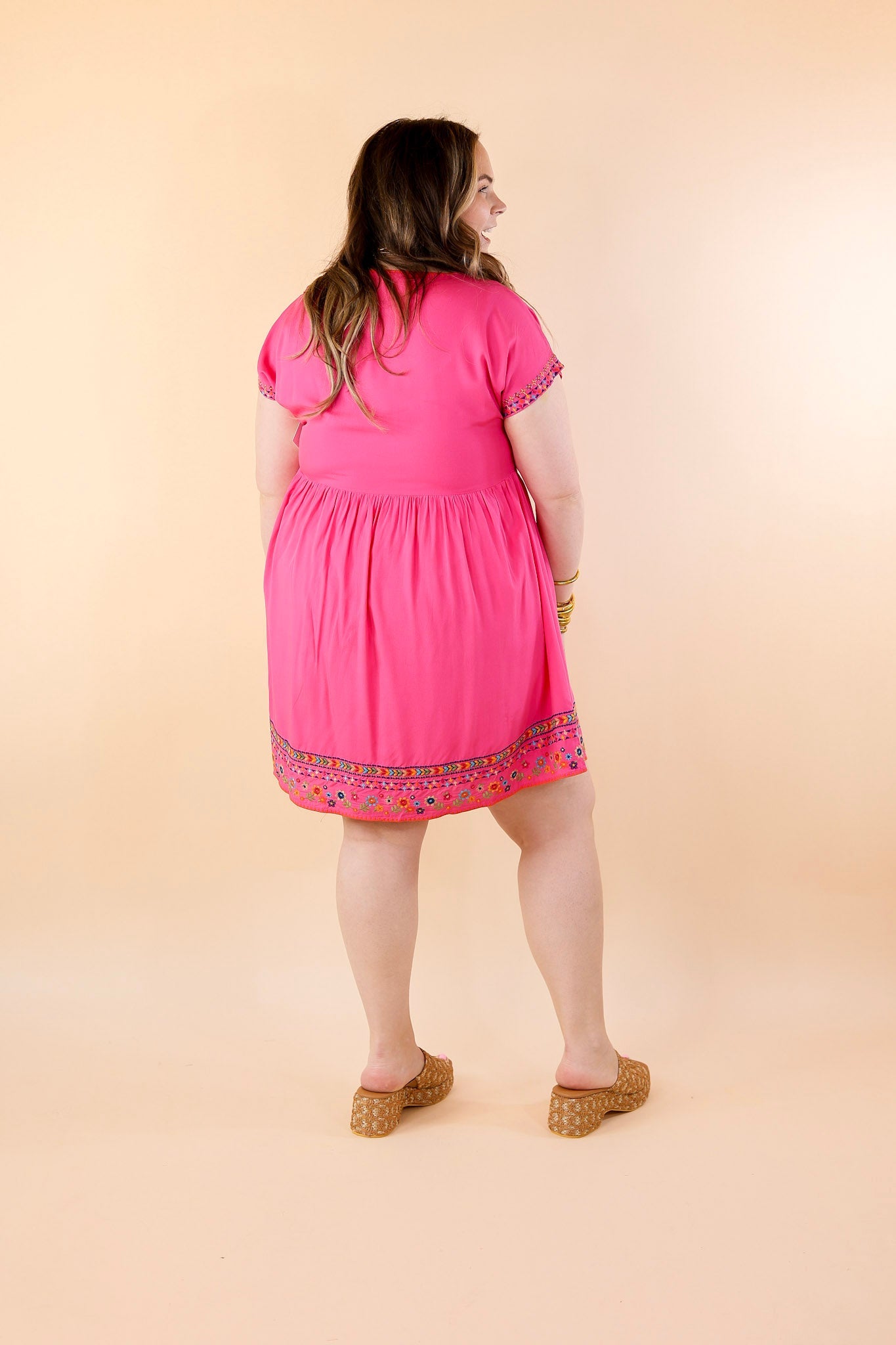 Passing Through V Neck Embroidered Dress with Short Sleeves in Pink - Giddy Up Glamour Boutique