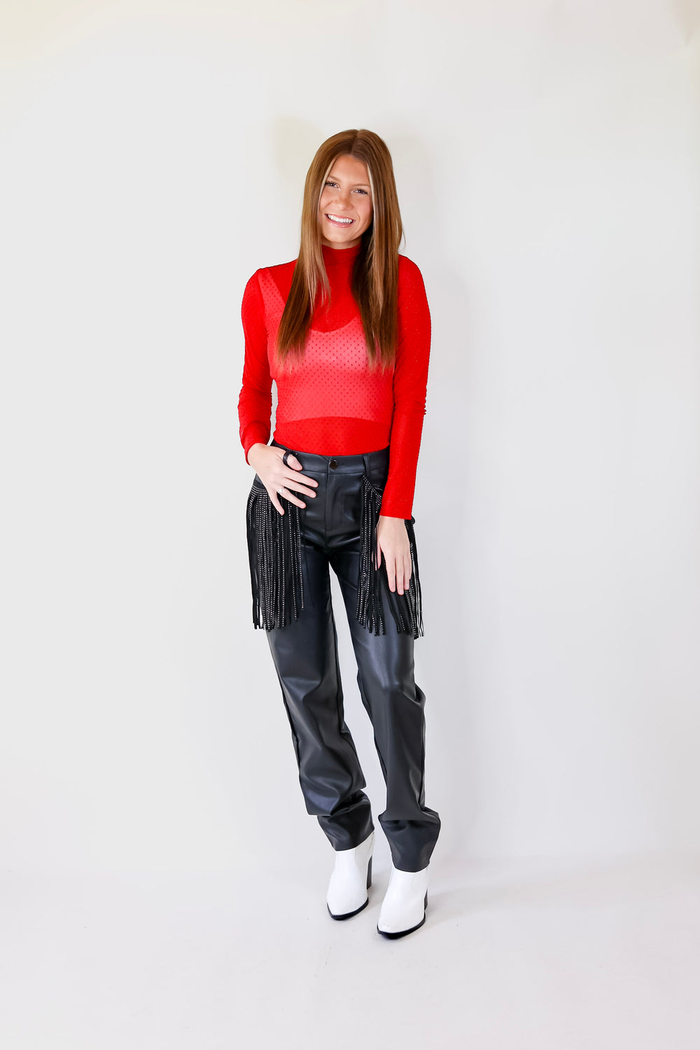 Try Your Luck Glitter Mesh Long Sleeve Bodysuit in Red - Giddy Up Glamour Boutique