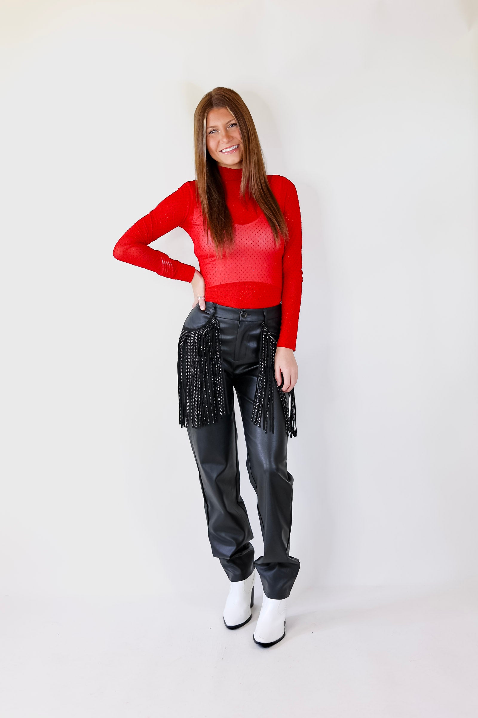 Try Your Luck Glitter Mesh Long Sleeve Bodysuit in Red - Giddy Up Glamour Boutique