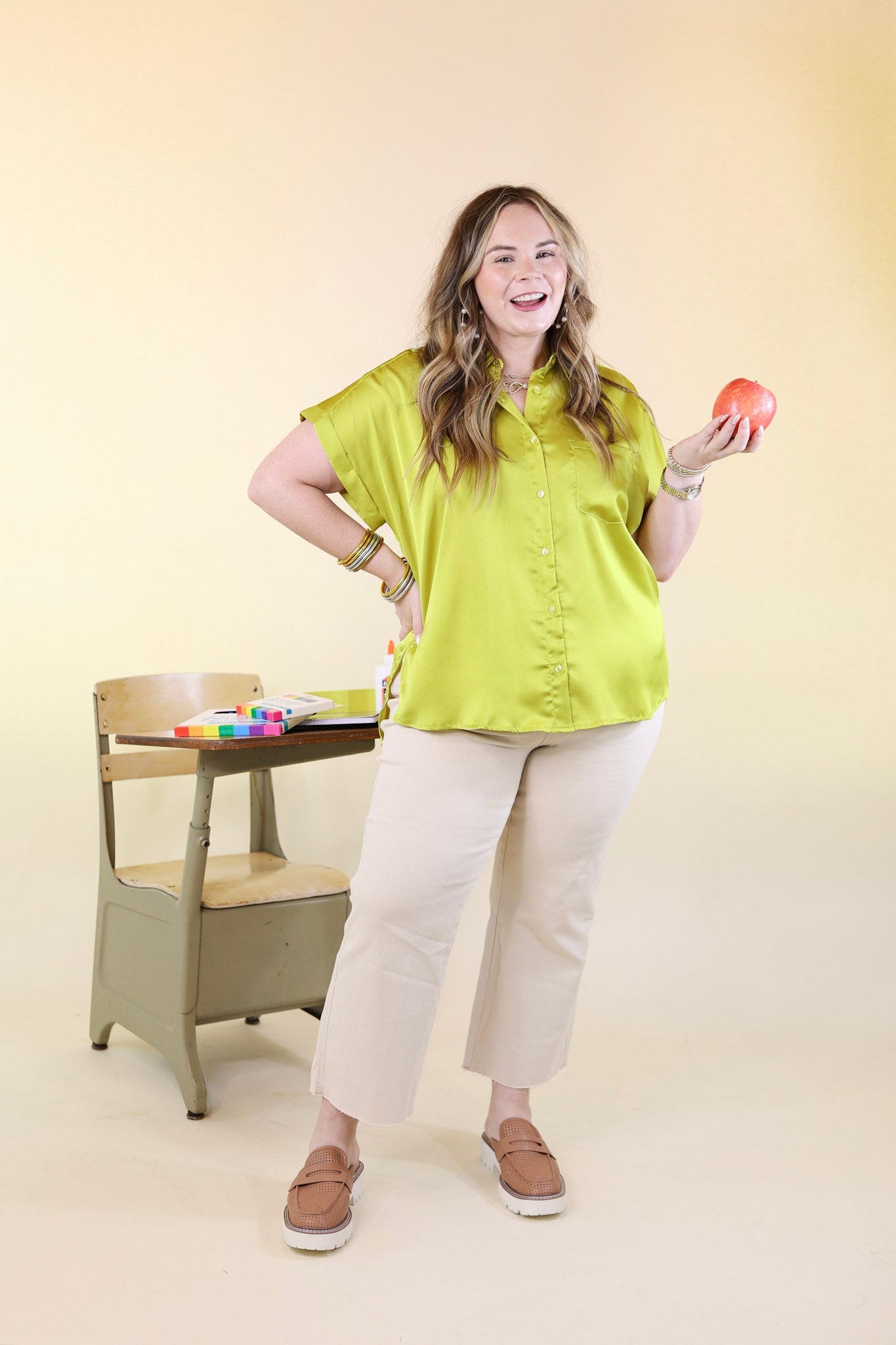 Free To Be Fab Button Up Short Sleeve Top in Chartreuse Green