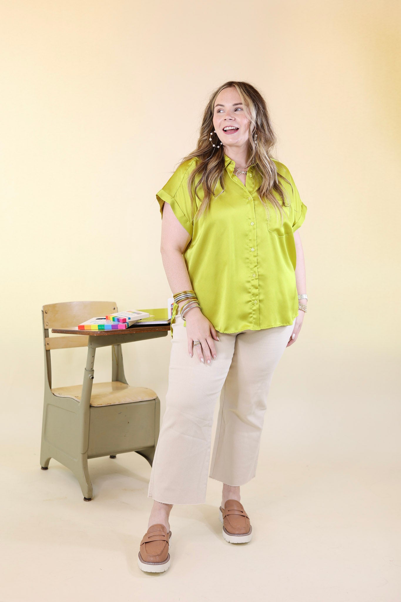 Free To Be Fab Button Up Short Sleeve Top in Chartreuse Green